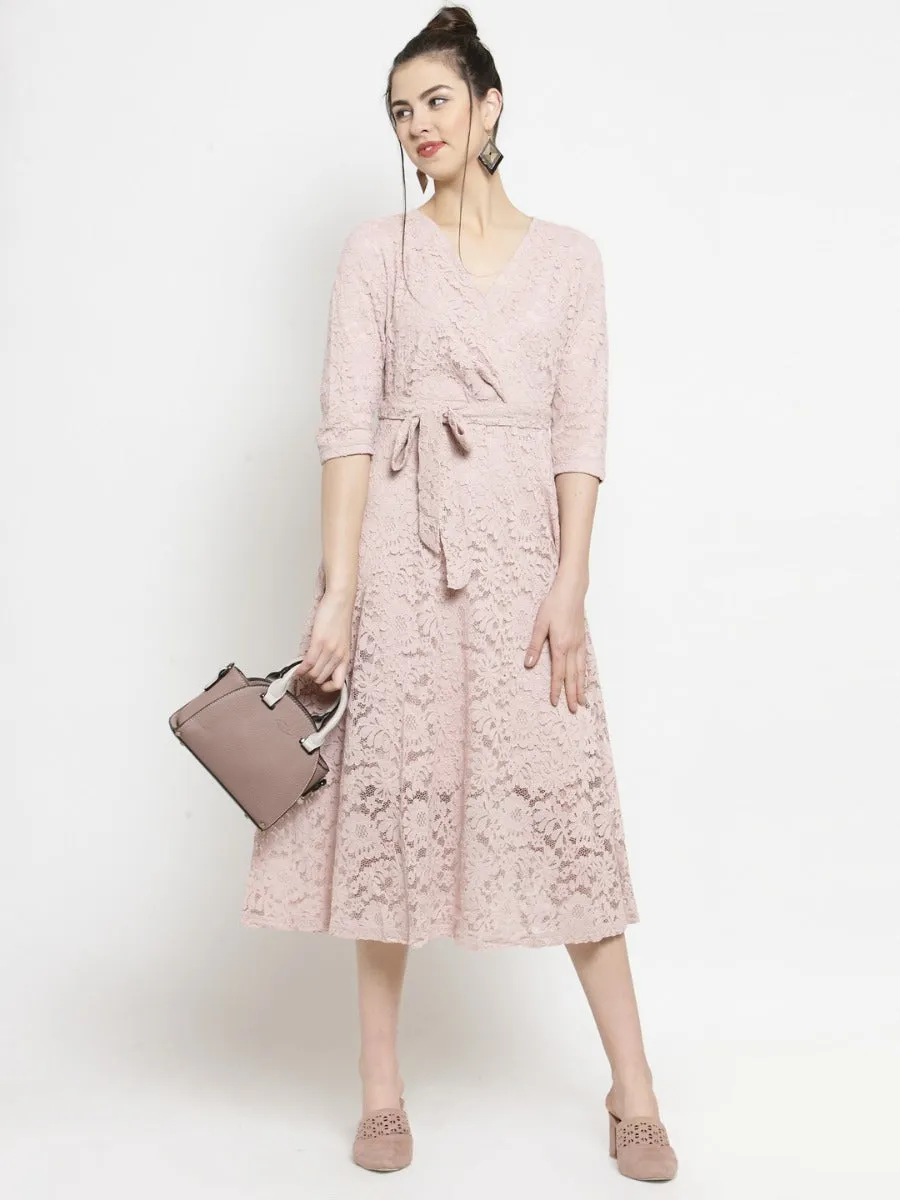 Women Pink Lace Wrap Around Dress