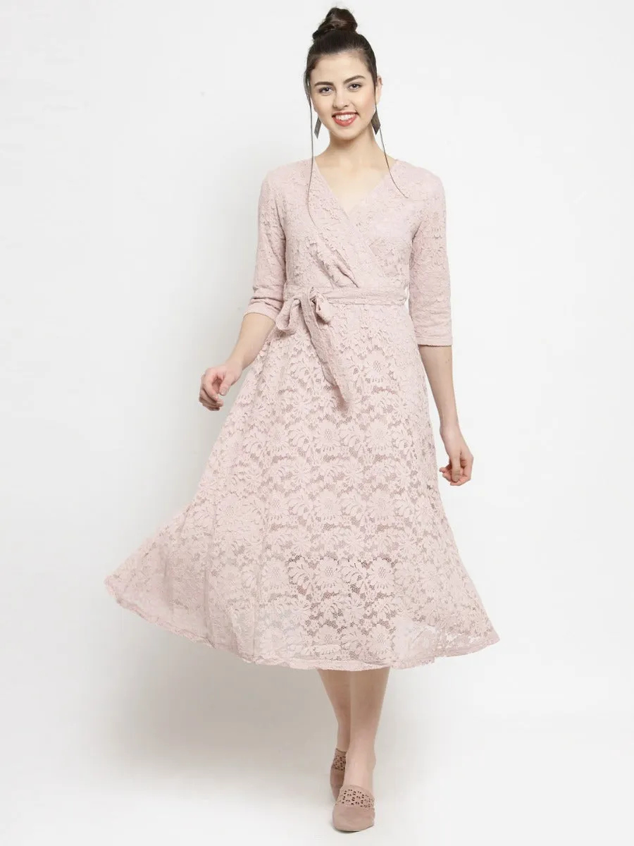 Women Pink Lace Wrap Around Dress