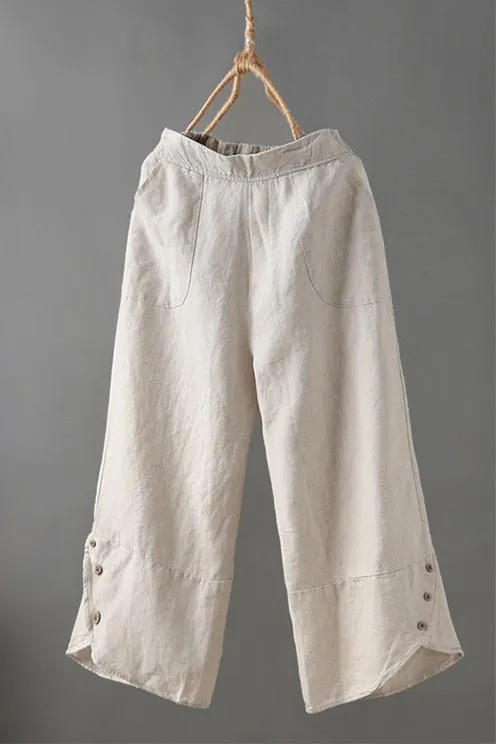 Women's casual retro linen wide leg pants  pure color J134