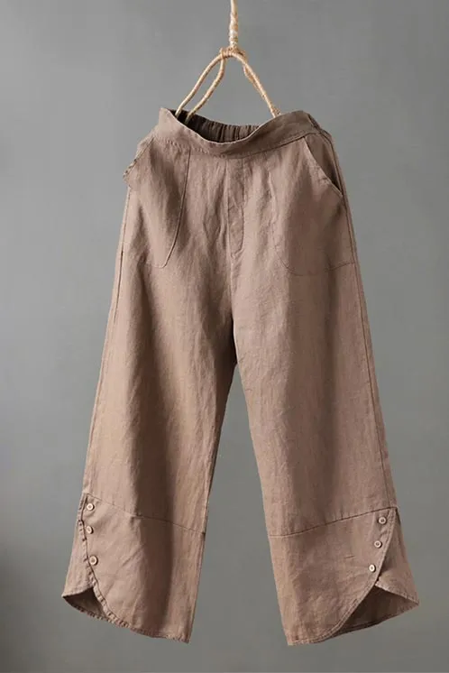 Women's casual retro linen wide leg pants  pure color J134