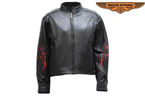 Women's Cowhide Leather Motorcycle Jacket With Flames