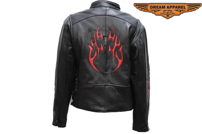 Women's Cowhide Leather Motorcycle Jacket With Flames