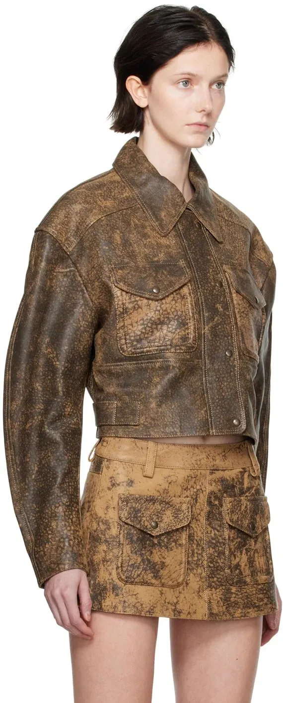 Women’s Dark Brown Distressed Trucker Leather Jacket with Classic Fit