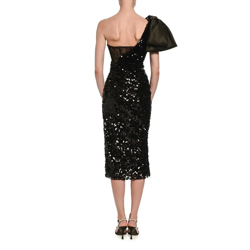 Women's One-shoulder Bow Sequined Sheath Dress