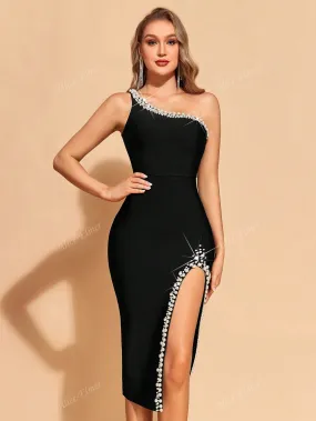 Women's Pearl Beading One Shoulder Tight Bodycon Bandage Dress,Gorgeous Split Midi Zipper Back Sleeveless Dress For Cocktail Party,Ladies Clothes For All Seasons