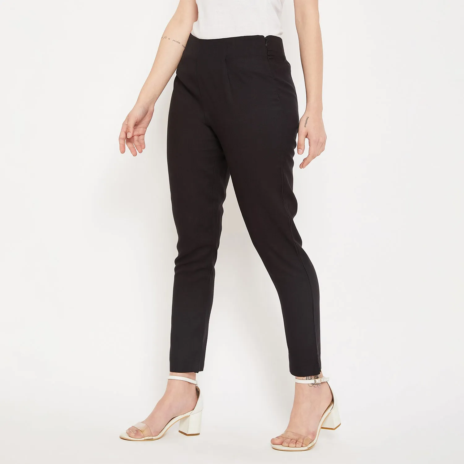 Women's  Regular Fit Black Flat Front Mid rise Pants