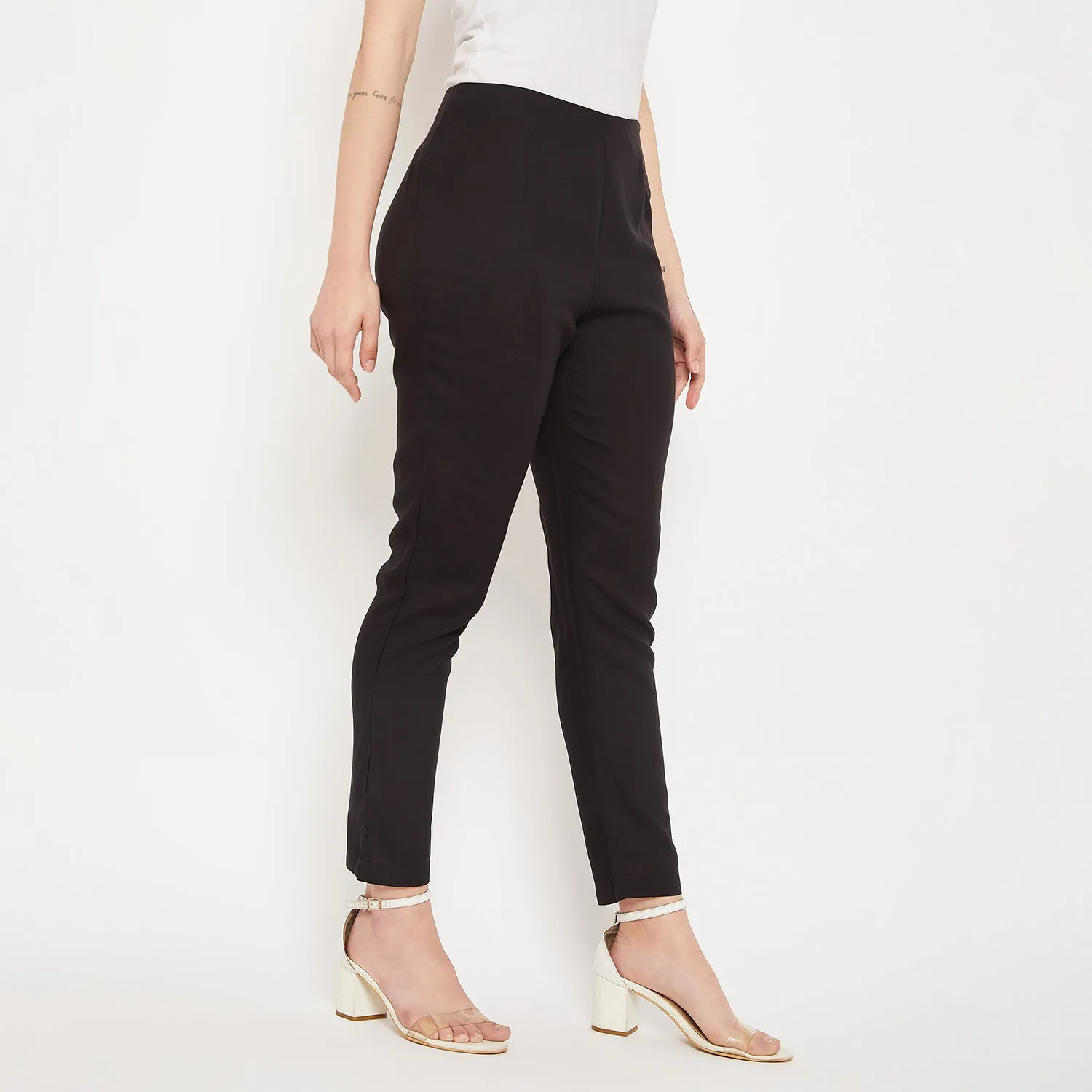 Women's  Regular Fit Black Flat Front Mid rise Pants