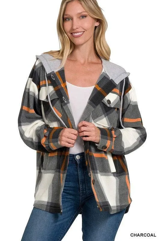 Zenana plaid hooded fleece shacket