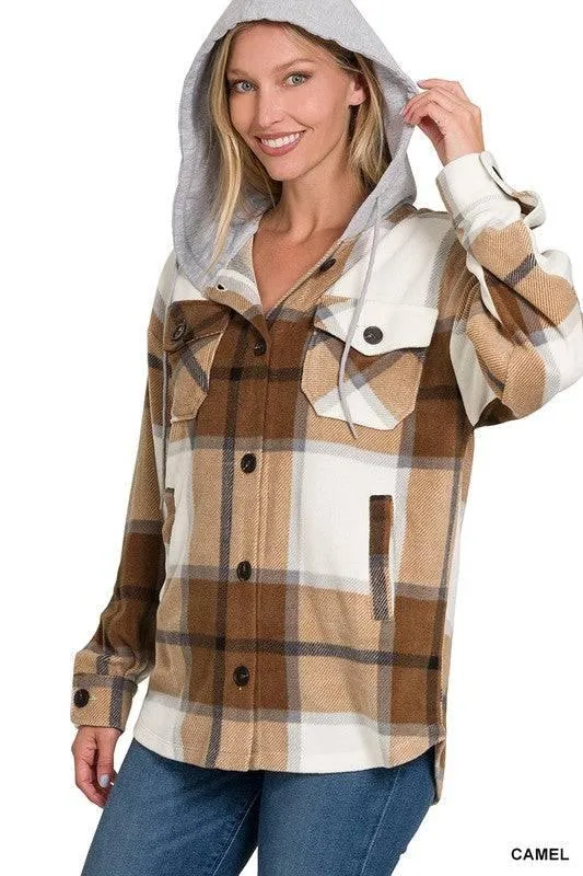 Zenana plaid hooded fleece shacket